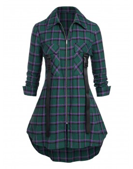 Plus Size Plaid Full Zip Pockets Blouse