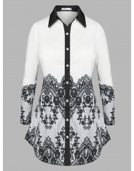 Plus Size Button Up Lace Print Shirt