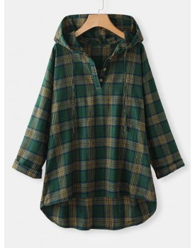 Plus Size Plaid Hooded High Low Top