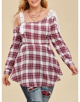 Plus Size Open Shoulder Buckle Lace Insert Plaid Blouse