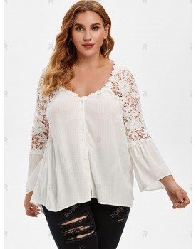 Button Loop V Neck Crochet Lace Plus Size Blouse