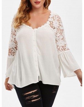 Button Loop V Neck Crochet Lace Plus Size Blouse