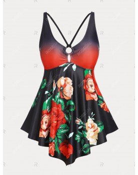 Floral Print Ombre Color Plus Size & Curve Modest Tankini  Swimsuit