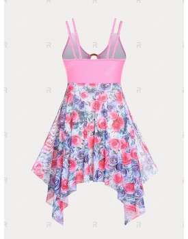 O Ring Rose Print Handkerchief Plus Size & Curve Tankini Swimsuit