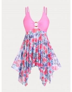 O Ring Rose Print Handkerchief Plus Size & Curve Tankini Swimsuit