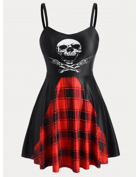 Gothic Skull Plaid Print Plus Size & Curve Modest Swim Dress Set