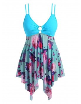 Plus Size O-ring Butterfly Print Mesh Panel Tankini Swimwear