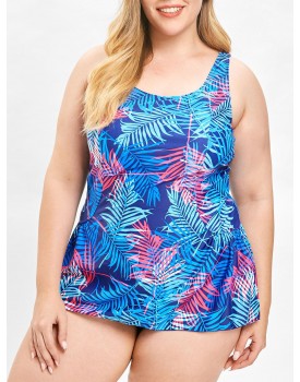 Padded Leaf Print Plus Size Tankini Set