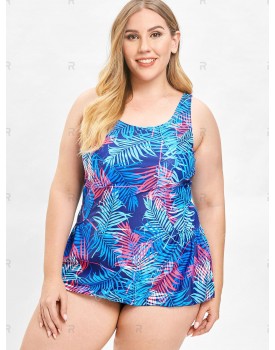 Padded Leaf Print Plus Size Tankini Set