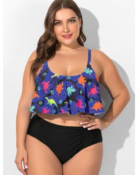 Plus Size Dinosaur Print Ruffled Overlay High Waist Tankini Swimsuit